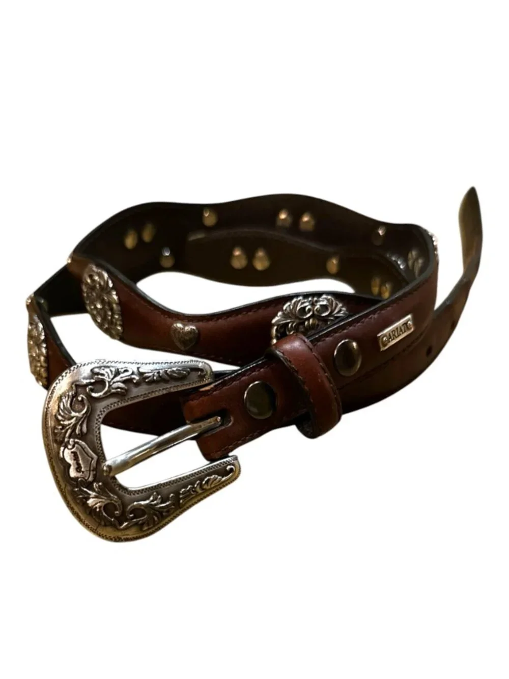 Vintage Ariat Brown Leather Silver Studded Belt Western